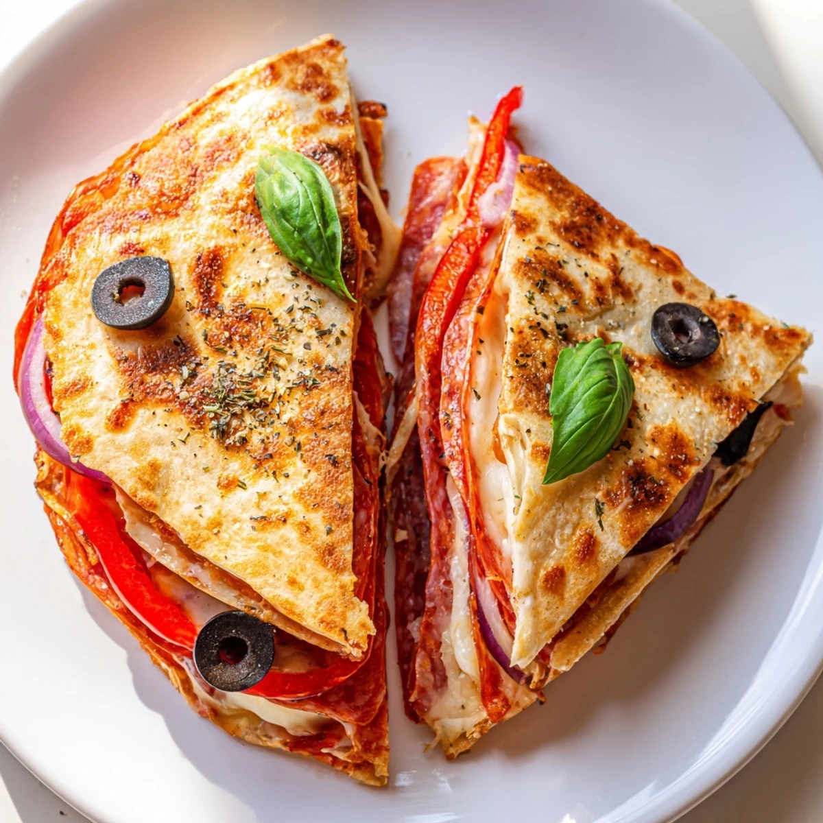Golden-brown crispy Tortilla Pizza Wrap sizzling in a skillet, topped with melted mozzarella, pepperoni, and vibrant red bell peppers for a quick weeknight meal.  