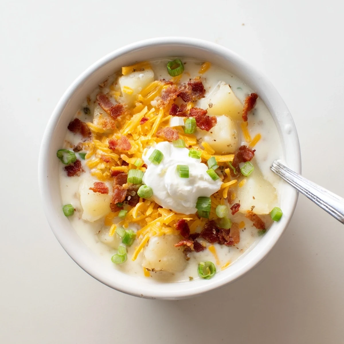 A hearty bowl of loaded baked potato soup garnished with extra cheese, bacon, and a dollop of tangy sour cream.