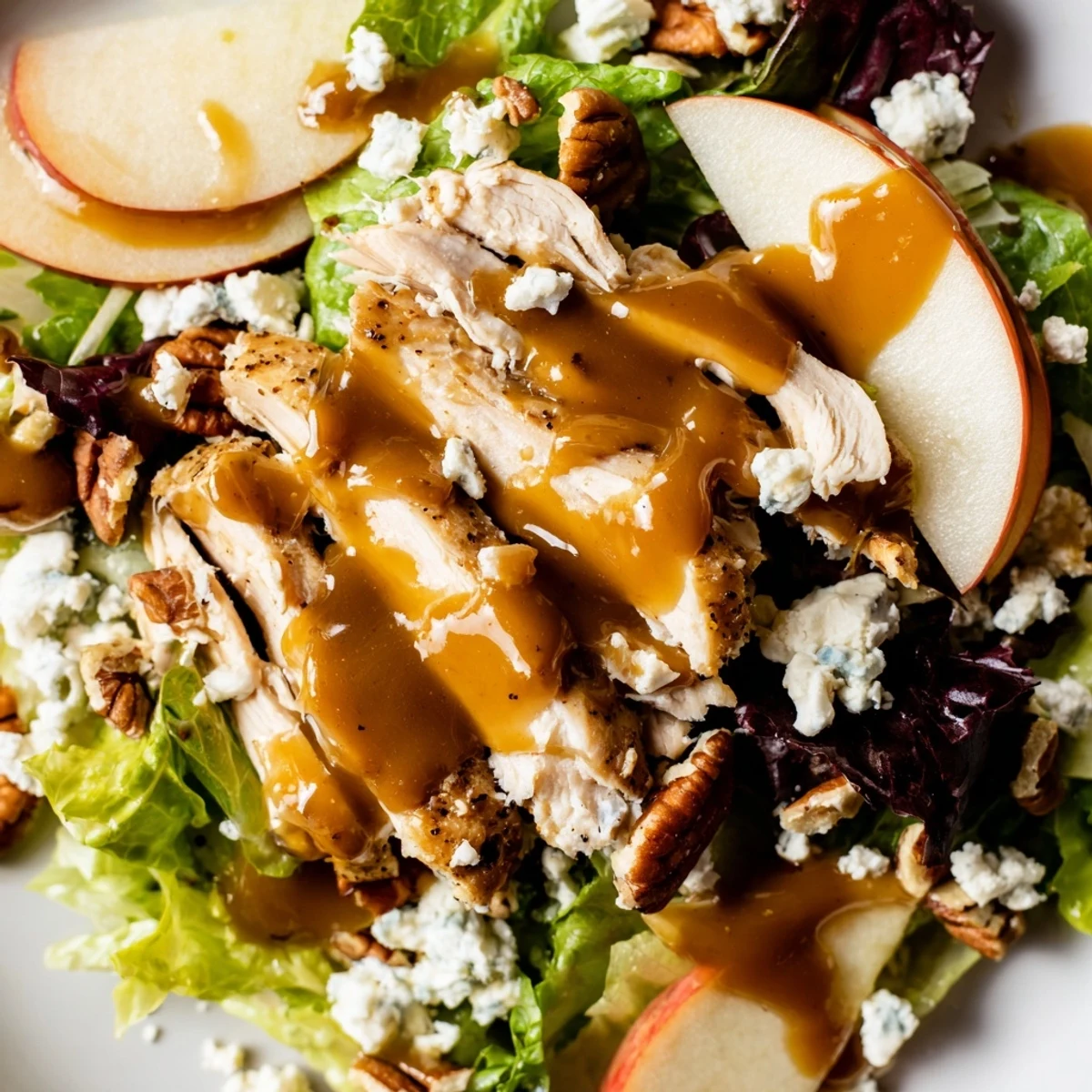 A close-up of vibrant caramel apple chicken salad with sliced apples, chicken, and toasted pecans on mixed greens.  