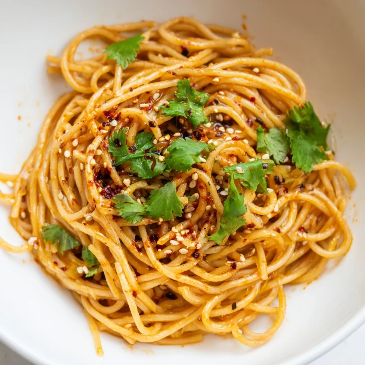 Bright, colorful Spicy Sesame Noodle Salad served chilled in a white bowl, garnished with crisp cucumber ribbons and toasted sesame seeds for a refreshing crunch.