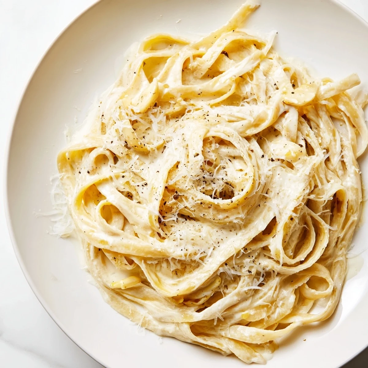 Creamy roasted garlic pasta with fettuccine coated in a silky sauce and topped with fresh Parmesan.  
