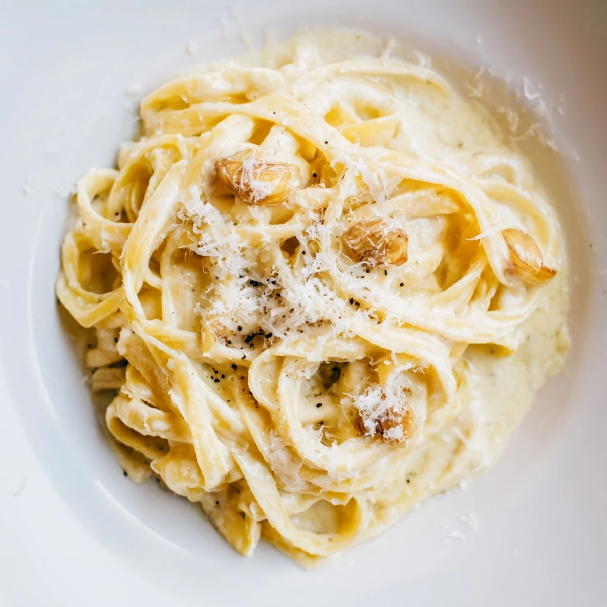A comforting bowl of roasted garlic cream pasta, steam rising from the freshly tossed, cheesy noodles.