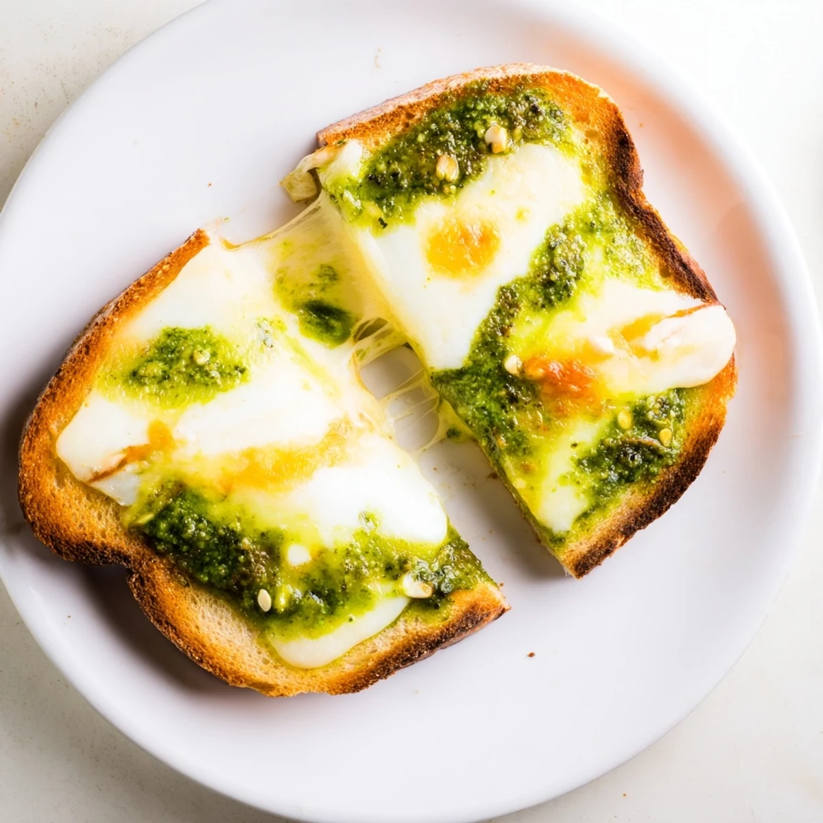 Spinach pesto grilled cheese on toasted sourdough, featuring gooey mozzarella and cheddar, garnished with fresh basil and served alongside a simple green salad.  