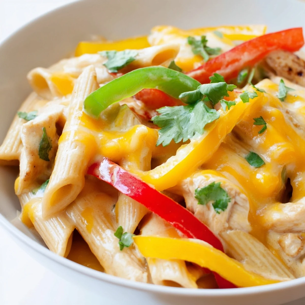A steaming skillet of Chicken Fajita Pasta with melted cheese and fresh cilantro garnish.