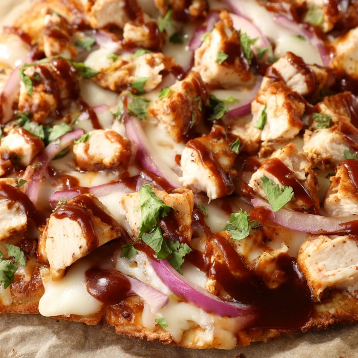 Vibrant, appetizing BBQ Chicken Flatbread topped with diced chicken, sliced onions, and fresh cilantro, served on a rustic wooden board.