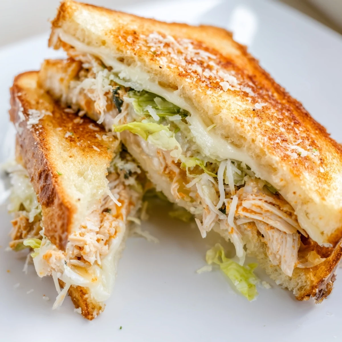 Buffalo Chicken Caesar Grilled Cheese with creamy dressing and crisp romaine on buttery grilled bread.  