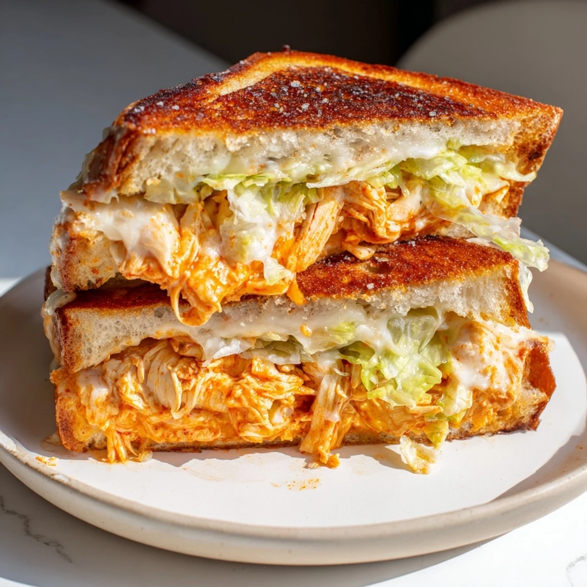Golden-brown Buffalo Chicken Caesar Grilled Cheese oozing melty cheese, drizzled with extra buffalo sauce.