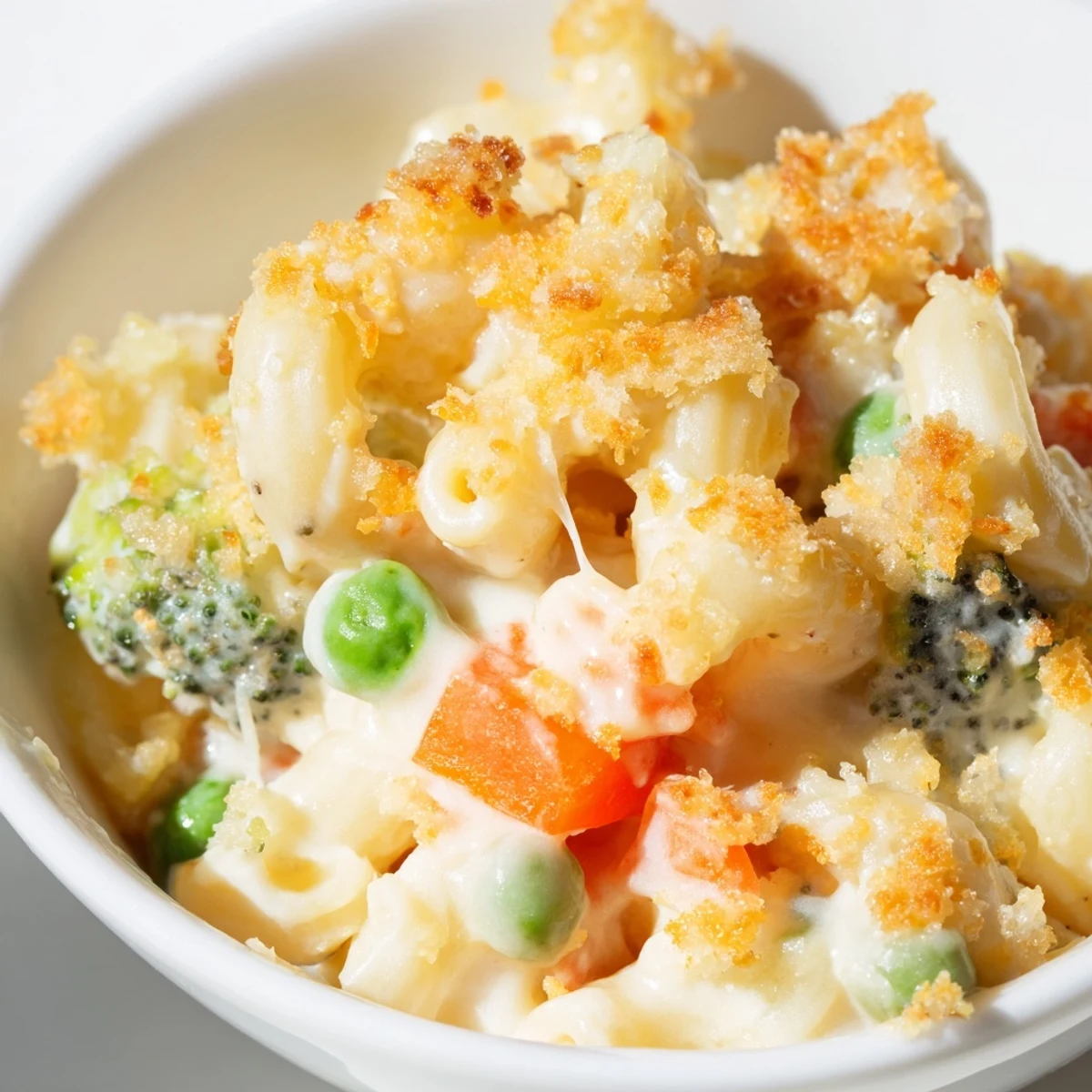 Garden Veg Mac and Cheese with peas, broccoli, and carrots baked to bubbly, golden perfection in a cozy casserole.