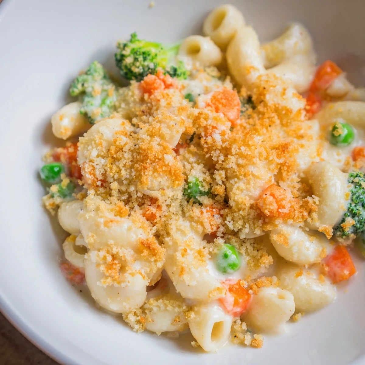 Family-style Garden Veg Mac and Cheese with a crunchy panko topping, steaming on a plate beside a fresh green salad.