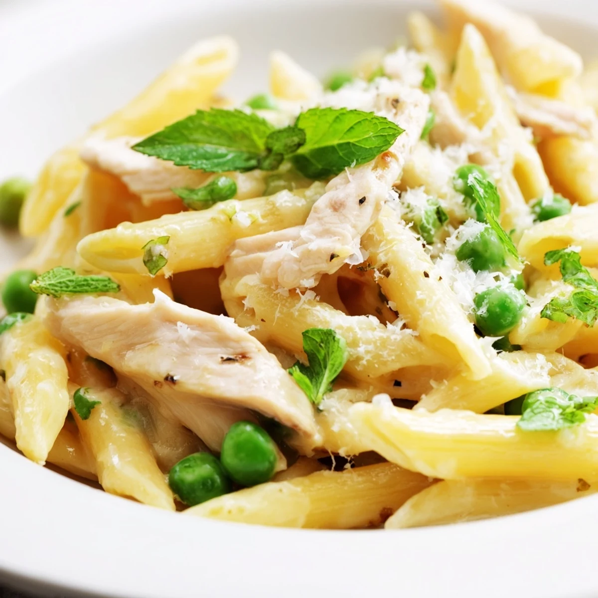 This Pea & Mint Chicken Pasta features fork-tender noodles tossed with sweet peas and savory chicken in a zesty lemon broth.