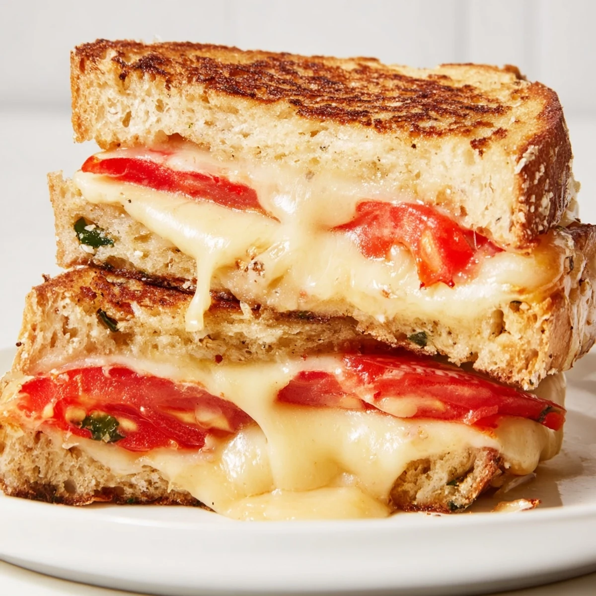 Golden-brown Pepper Jack & Tomato Grilled Cheese sandwich oozing melted cheese and fresh tomato slices on a plate.  