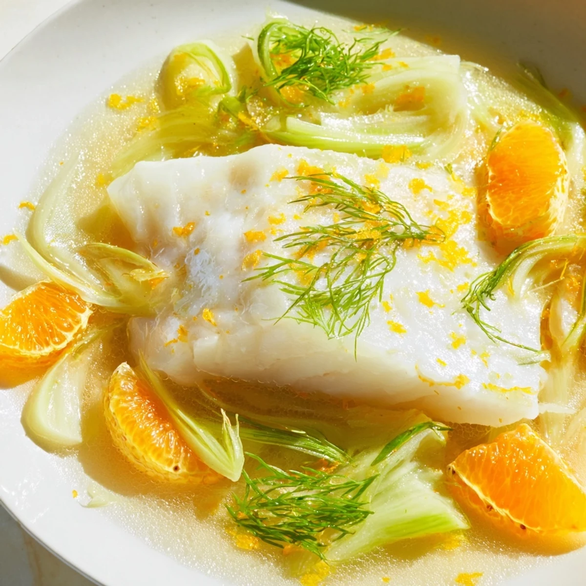 Tender poached cod fillets simmered with sweet orange slices and aromatic fennel in a savory broth.  