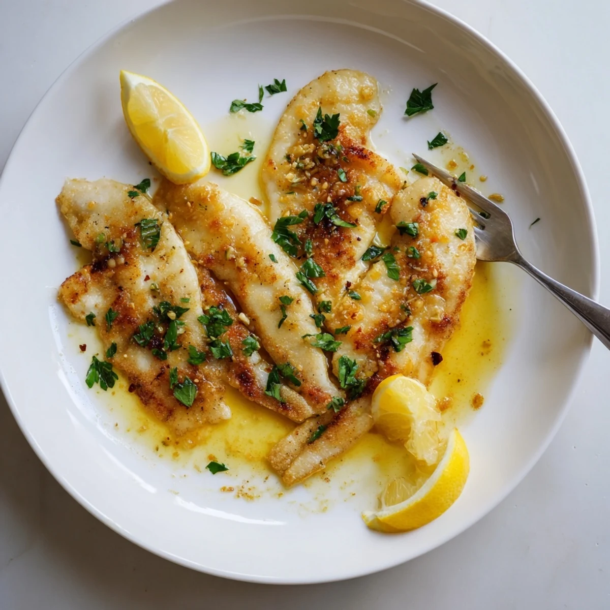 Golden brown Flounder Meunière fillets glistening in nutty lemon butter sauce.