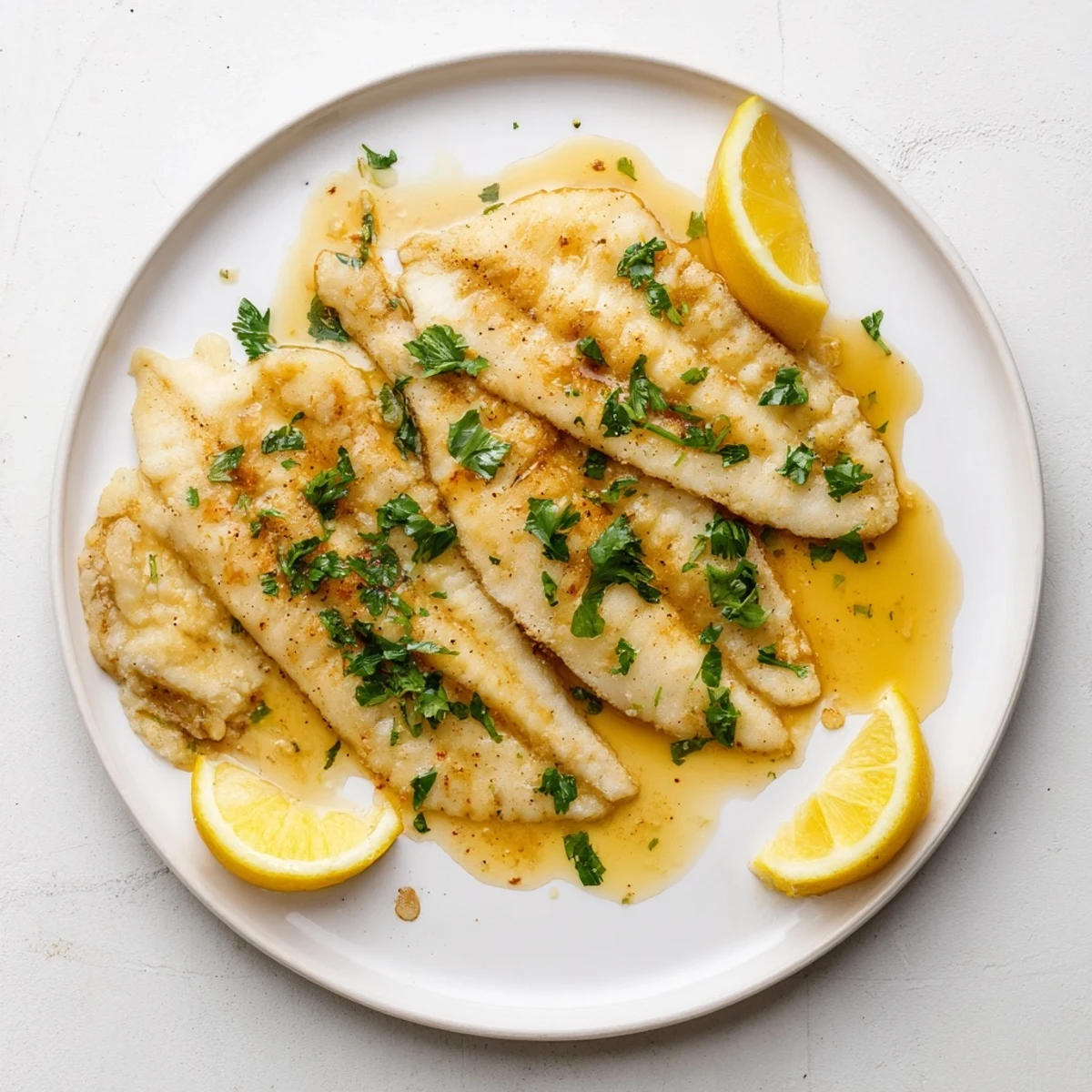 Flounder Meunière plated elegantly, drizzled with fresh parsley and lemon.