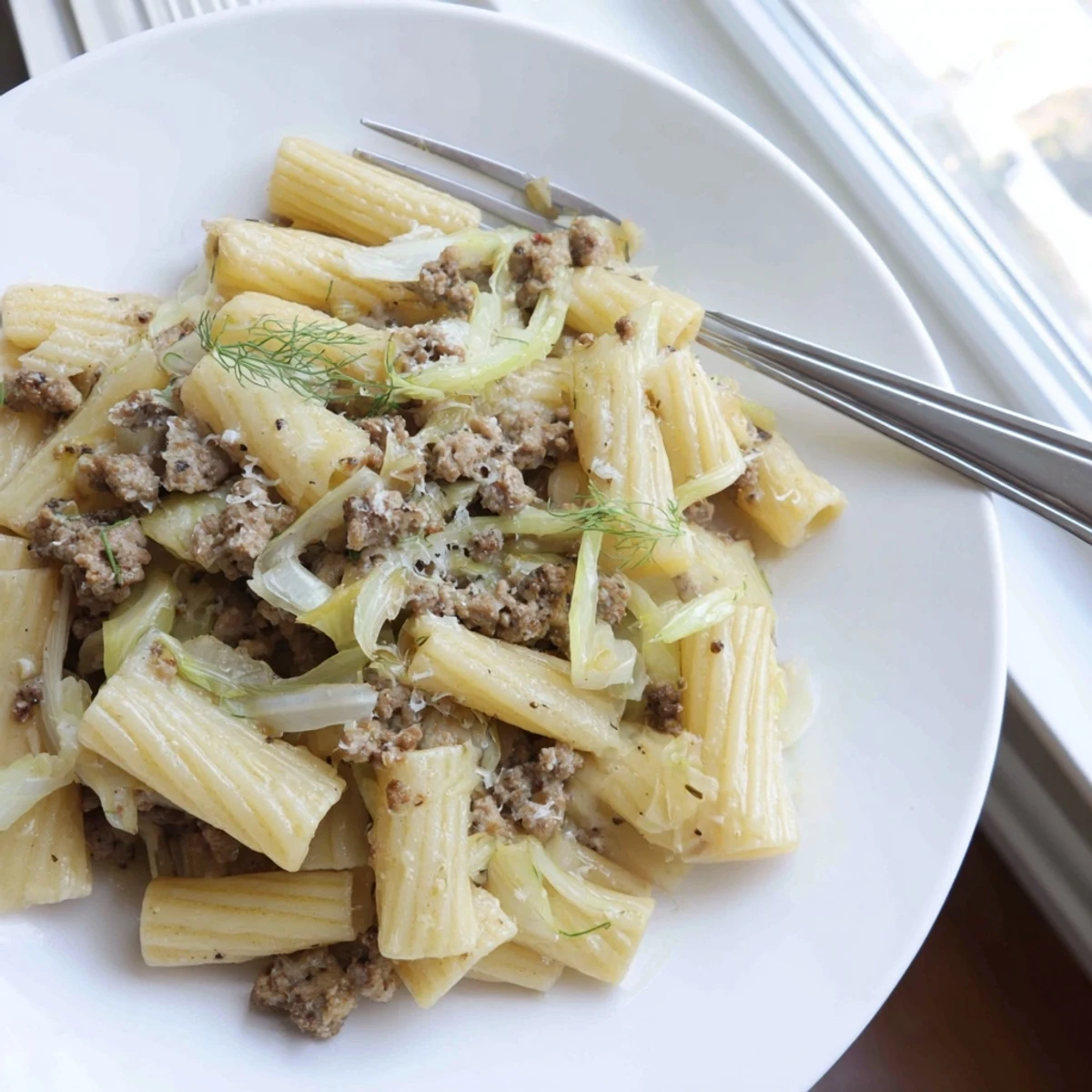Steaming bowl of Winter Pasta with Sausage and Fennel topped with fresh green fronds and grated Parmesan.