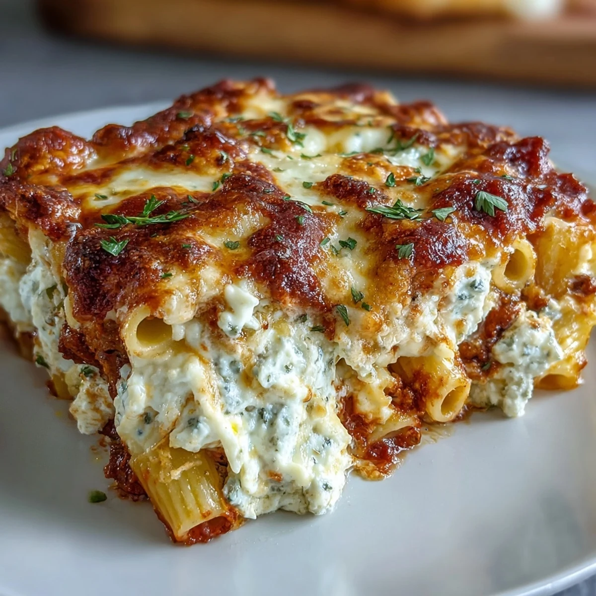 Bubbling hot baked ziti casserole, ready to be portioned into satisfying family meals.
