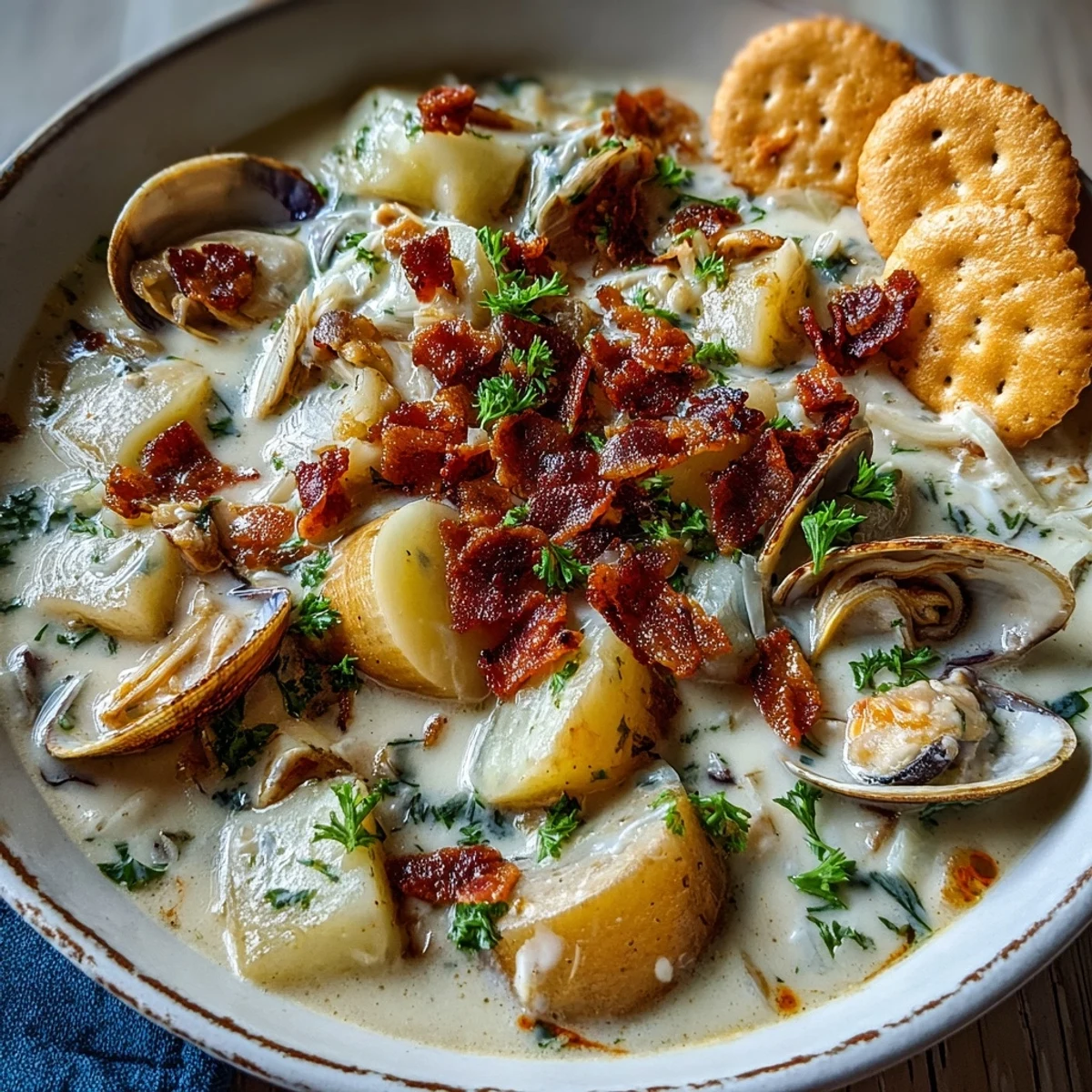 A rich bowl of New England Clam Chowder featuring crisp bacon and fresh parsley garnish.