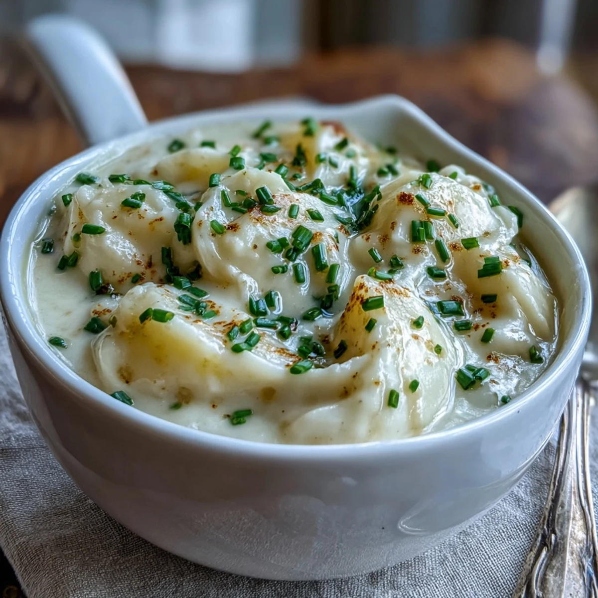 Creamy potato leek soup served steaming hot in a rustic white bowl, garnished with fresh chives and a swirl of cream.