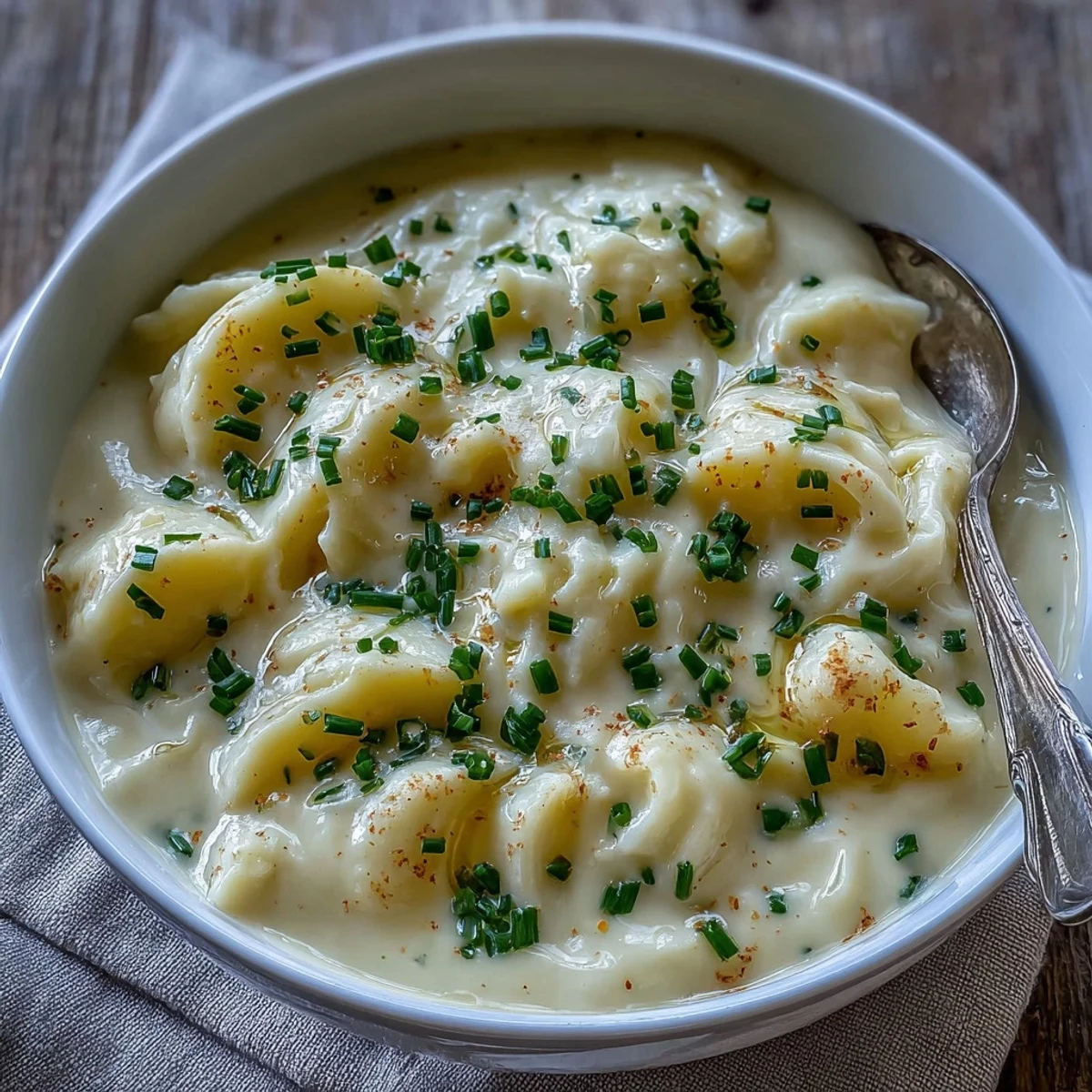 A bowl of velvety potato leek soup topped with chives, sitting on a wooden table with a crusty bread slice.