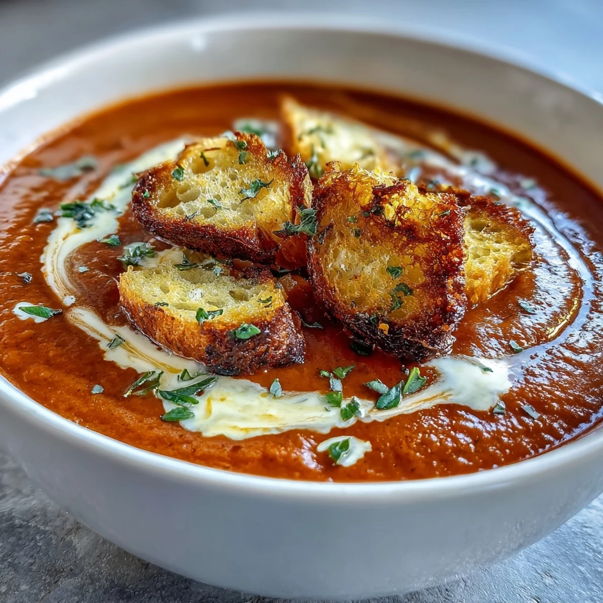 A spoon dipping into rich, velvety Creamy Roasted Tomato Soup with fresh basil and crunchy croutons.