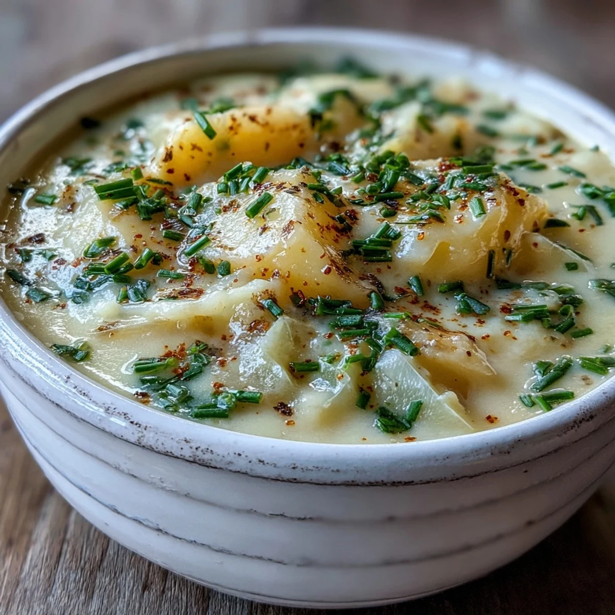 French-inspired Potato Leek Soup made with Yukon Gold potatoes and leeks, blended silky smooth and served with a parsley garnish.