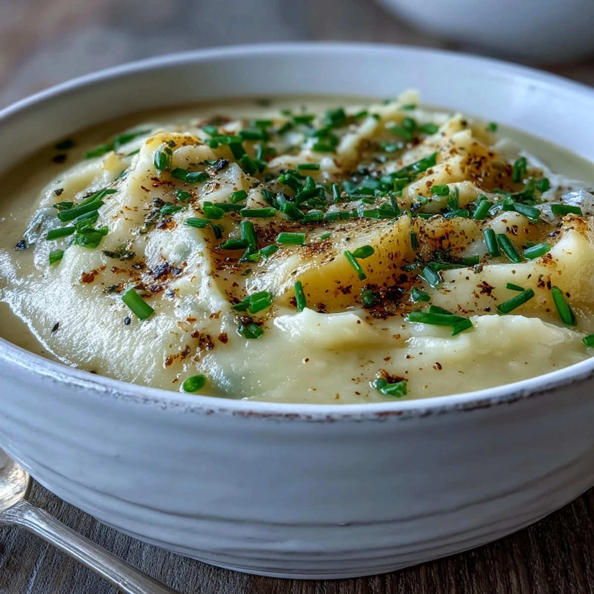 Steaming bowl of Potato Leek Soup topped with crispy bacon bits and a side of crusty bread, perfect for cozy lunches.
