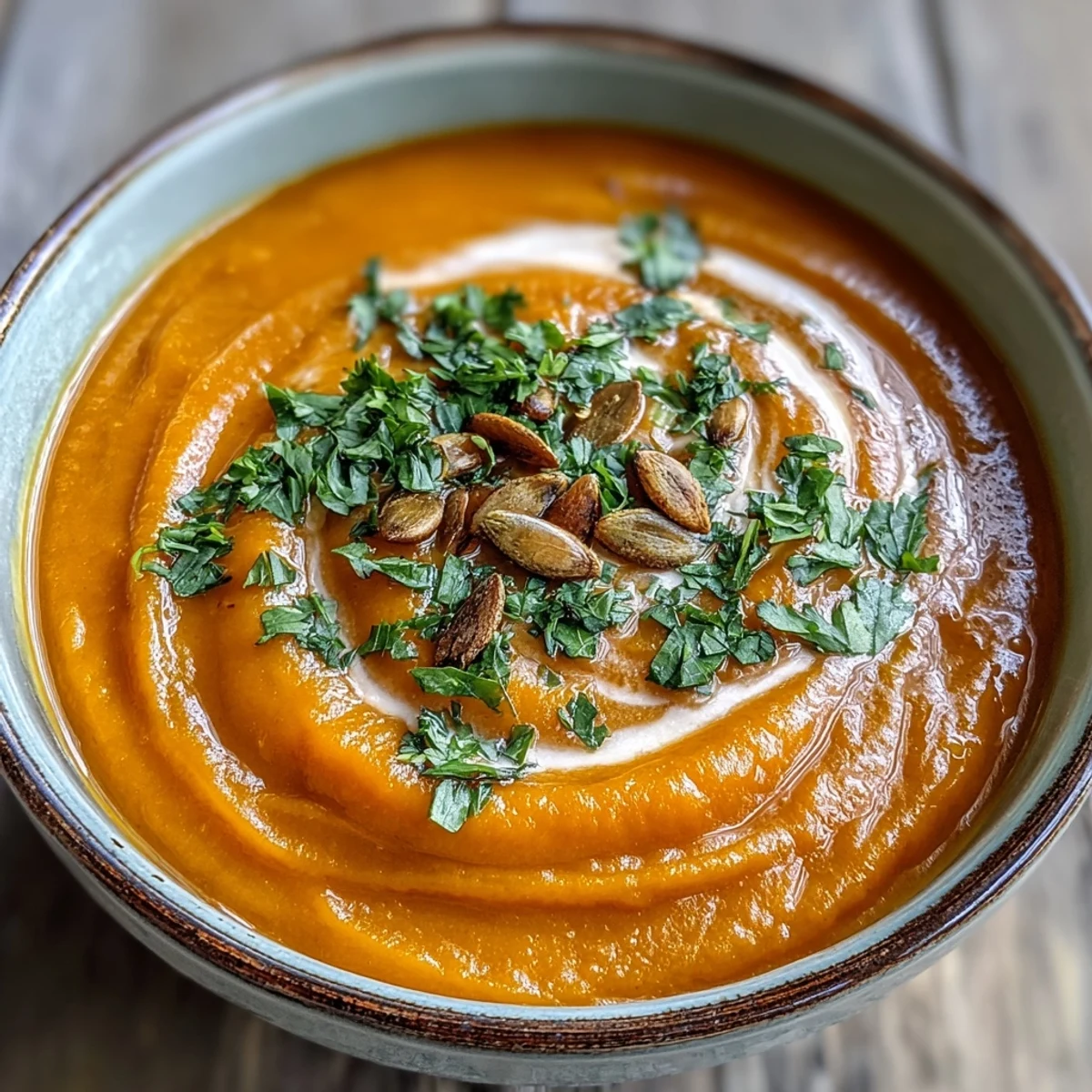Creamy carrot ginger soup in a rustic bowl with a coconut milk swirl, garnished with fresh herbs.
