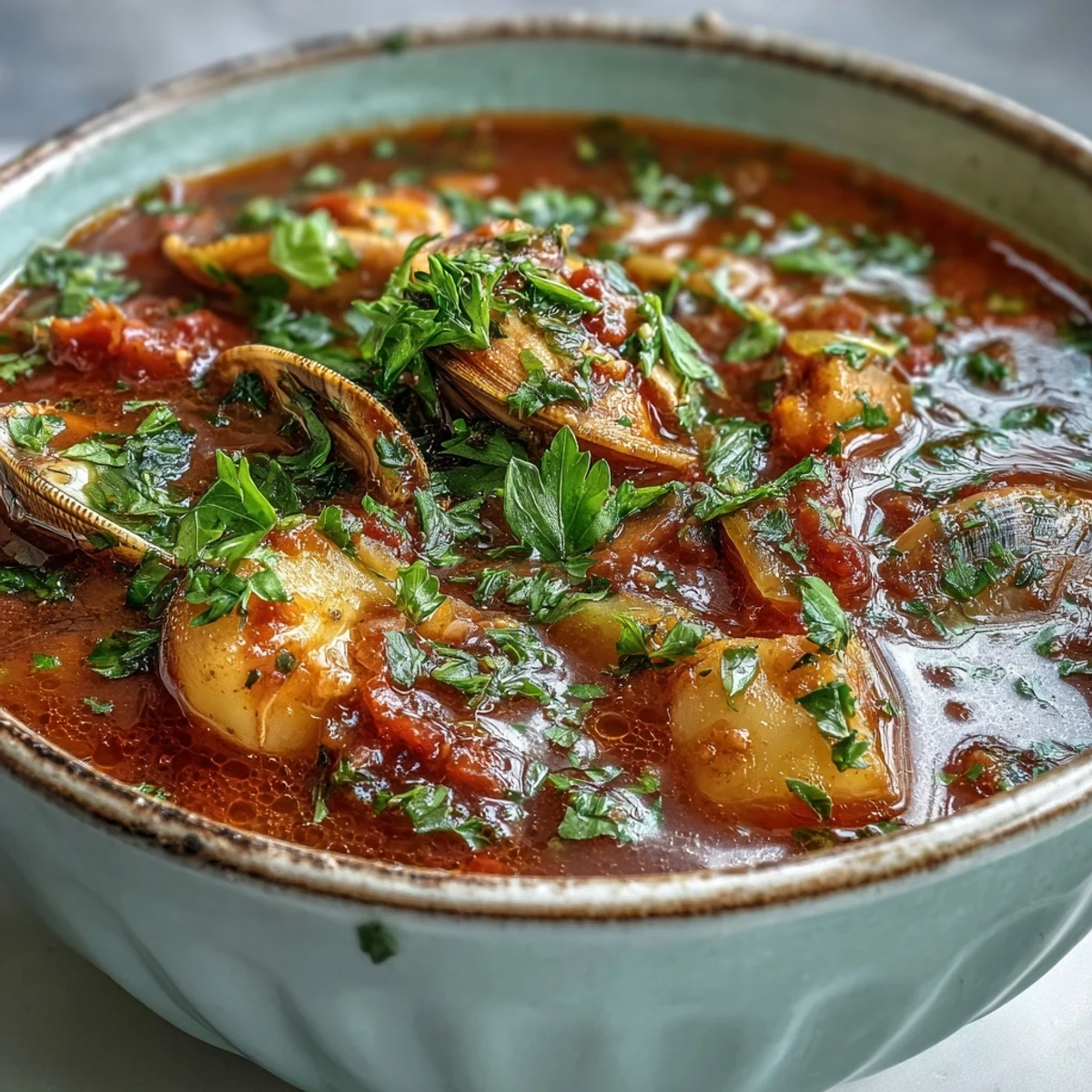 A steaming bowl of Manhattan Clam Chowder filled with diced potatoes, fresh clams, and red tomatoes on a rustic table.