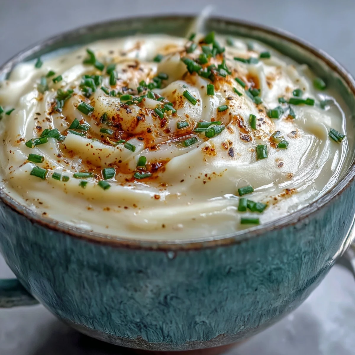 Velvety Cream of Potato Soup paired with crusty artisan bread, ready for a comforting meal.