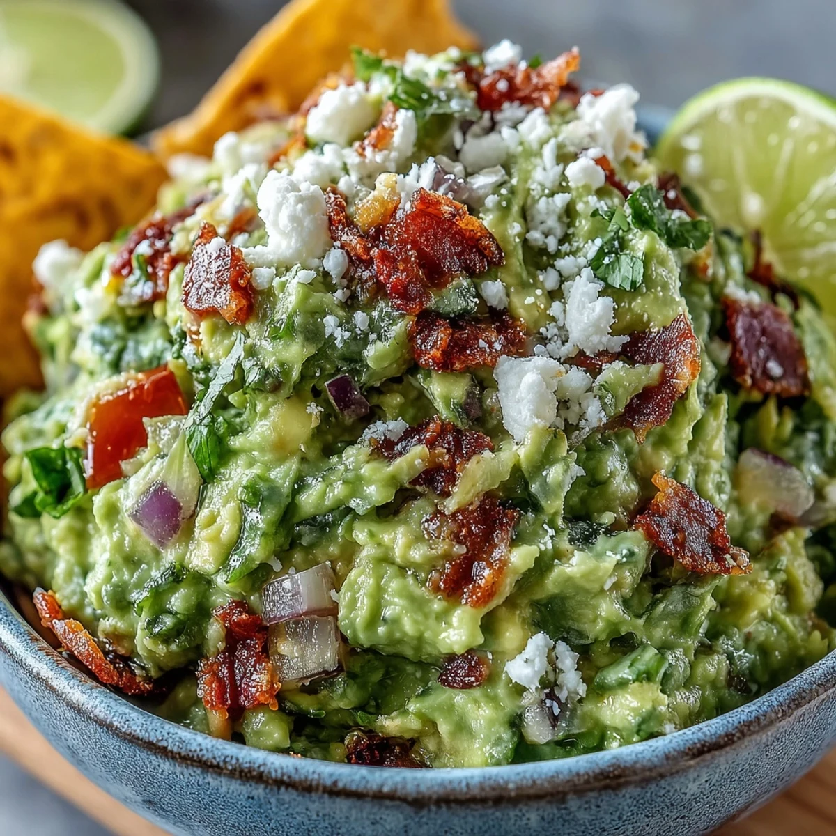 Creamy avocado mash is dotted with crispy bacon crumbles and crumbled Cotija cheese in this savory Bacon Guacamole With Cotija Cheese, garnished with fresh cilantro and lime.  