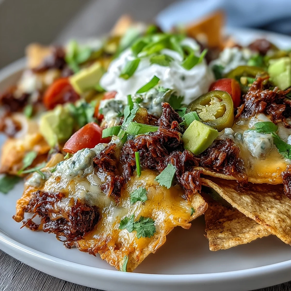Hearty BBQ beef nachos baked until bubbly, piled with Monterey Jack, diced tomatoes, red onion, and cool sour cream.  