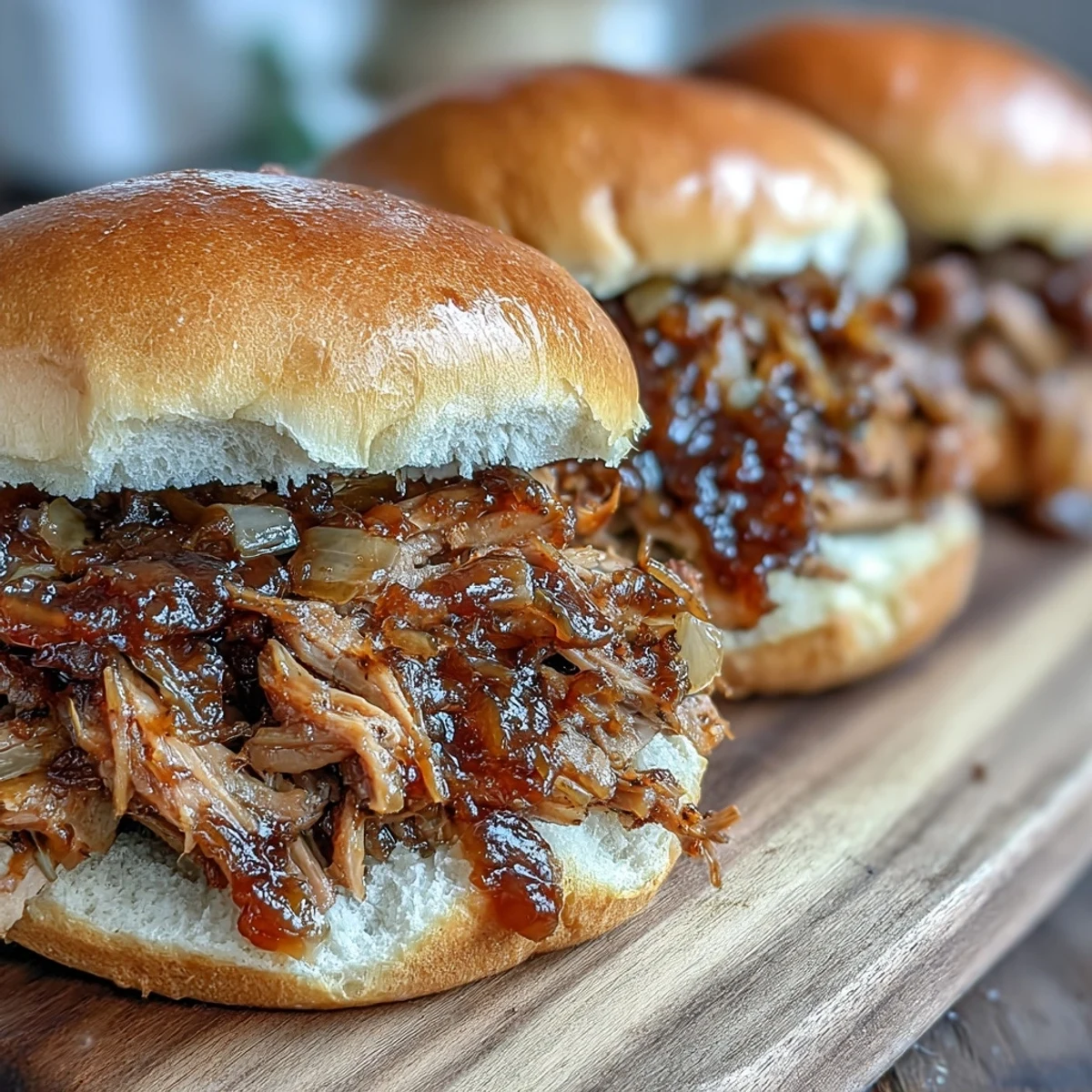 Savory slow-cooker pork shoulder mixed with tangy applesauce, piled high on a soft bun.