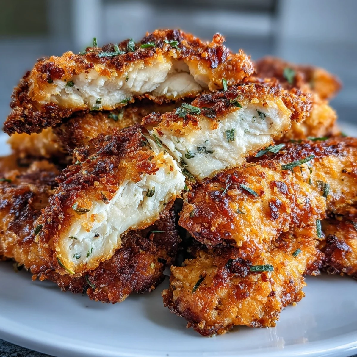 Air Fryer Chicken Strips, golden brown and aromatic, arranged on a plate ready for dipping in honey mustard.