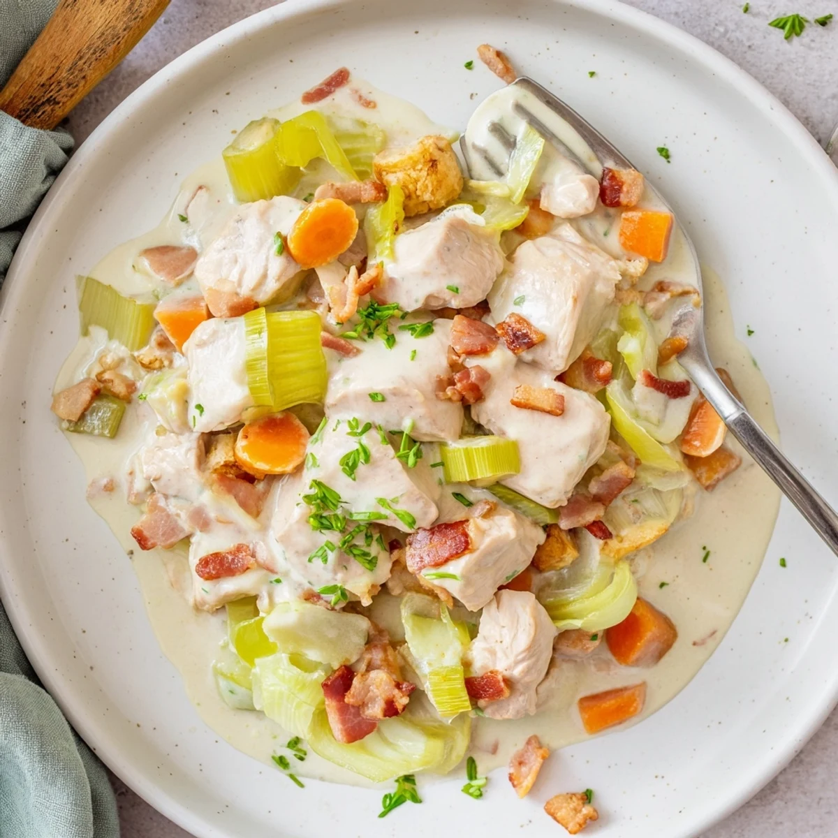 Golden puff pastry tops the savory Chicken and Leek Pie, served hot alongside buttered green peas.