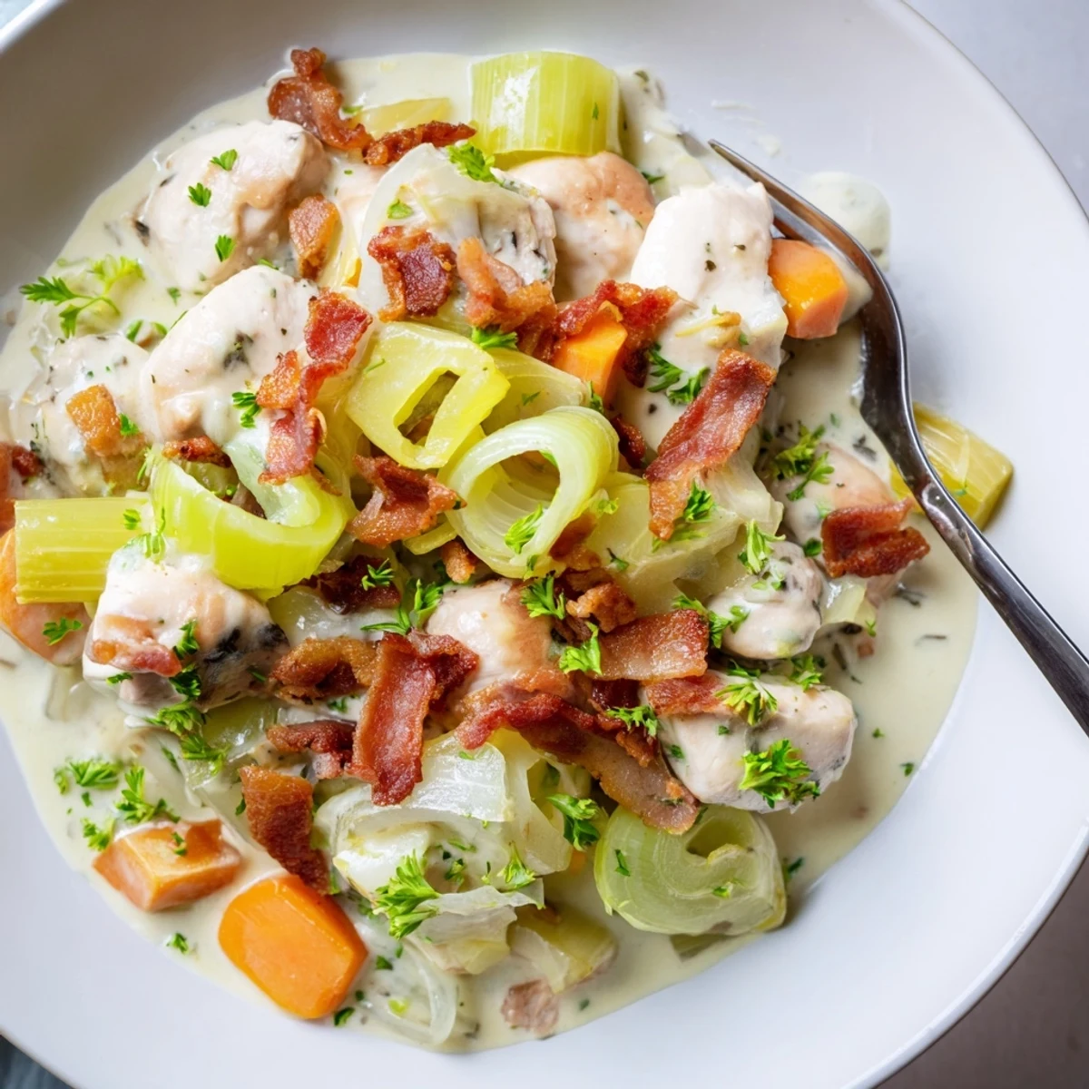 Steaming slice of Chicken and Leek Pie revealing creamy chicken, leeks, and smoky bacon filling.
