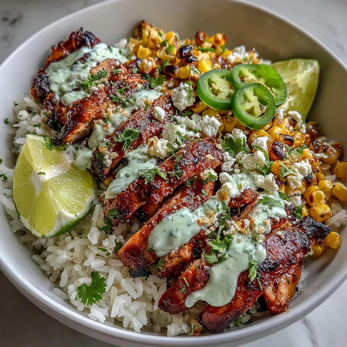 Sliced juicy chicken rests on warm rice beside charred corn, drizzled with crema and topped with cotija and cilantro in a Street Corn Chicken and Rice Bowl.