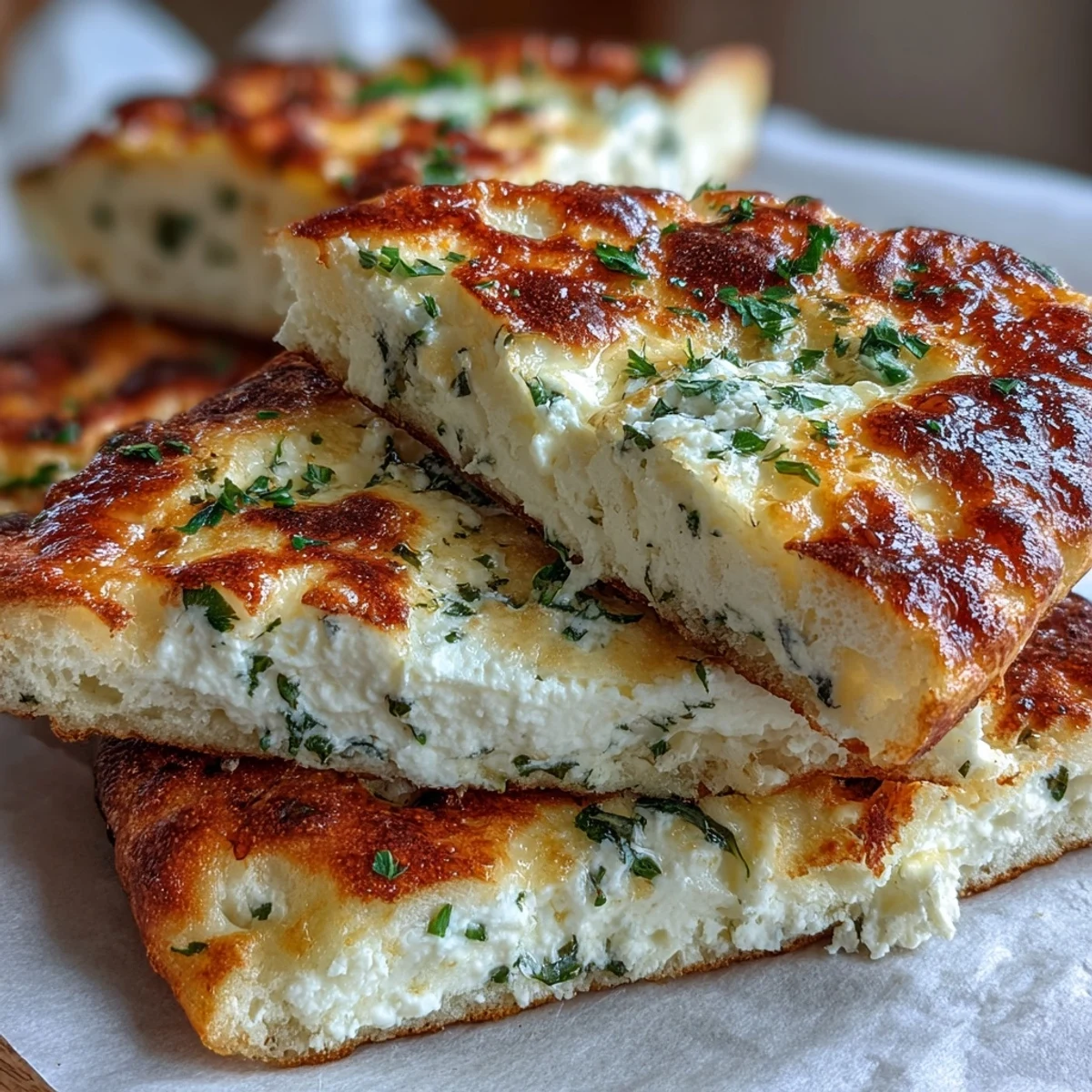 Homemade Fluffy Cottage Cheese Flatbread brushed with olive oil, served beside a bowl of creamy dip.