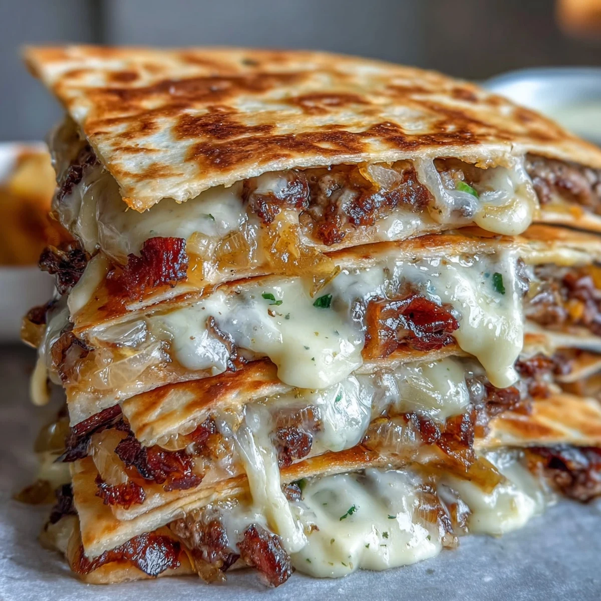 Serving suggestion for Cheesy Griddled Smashburger Quesadillas topped with fresh cilantro, pickles, and a drizzle of mayo-mustard sauce.