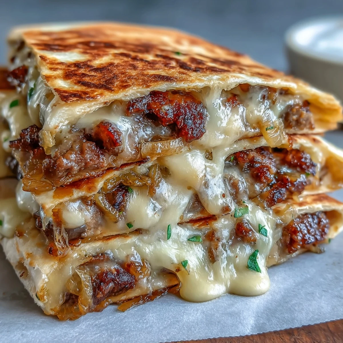 Golden-brown flour tortillas cradle thin smashburger patties and sweet onions for the Cheesy Griddled Smashburger Quesadillas.