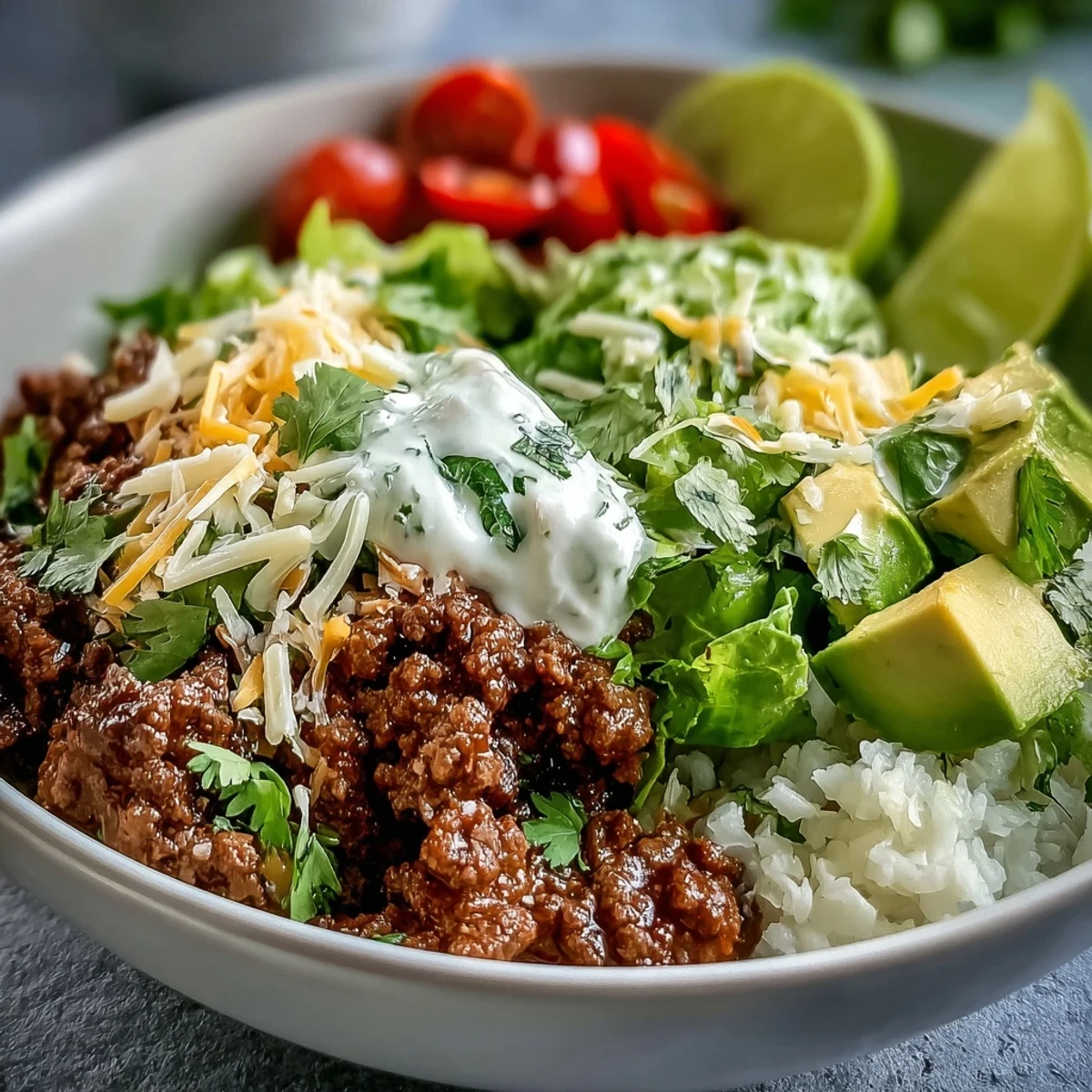 Seasoned ground beef and cauliflower rice create a low carb burrito bowl with creamy avocado, sharp cheddar, and fresh cilantro.