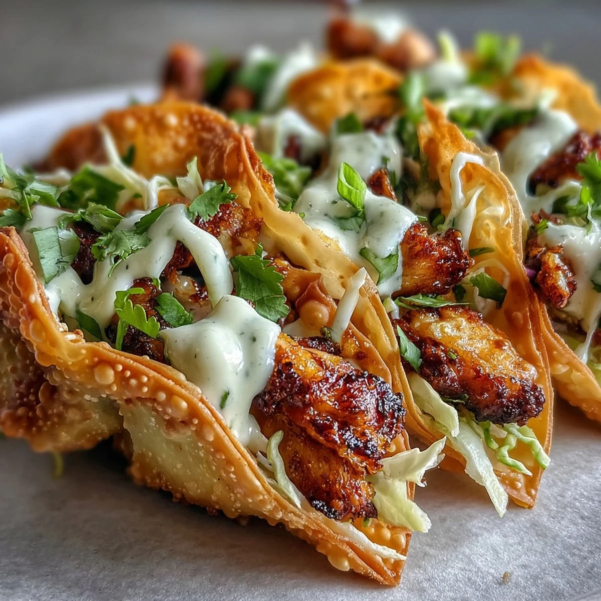 These Crispy Chicken Wonton Tacos are drizzled with creamy sriracha mayo and topped with fresh cilantro. 