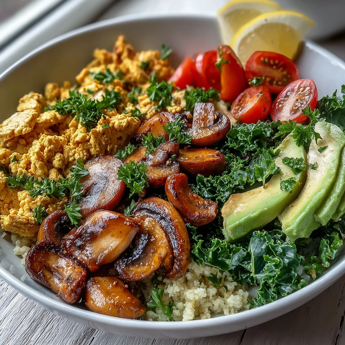 Golden turmeric tofu, garlicky mushrooms, and bright green kale top fluffy couscous in this easy vegan breakfast bowl.