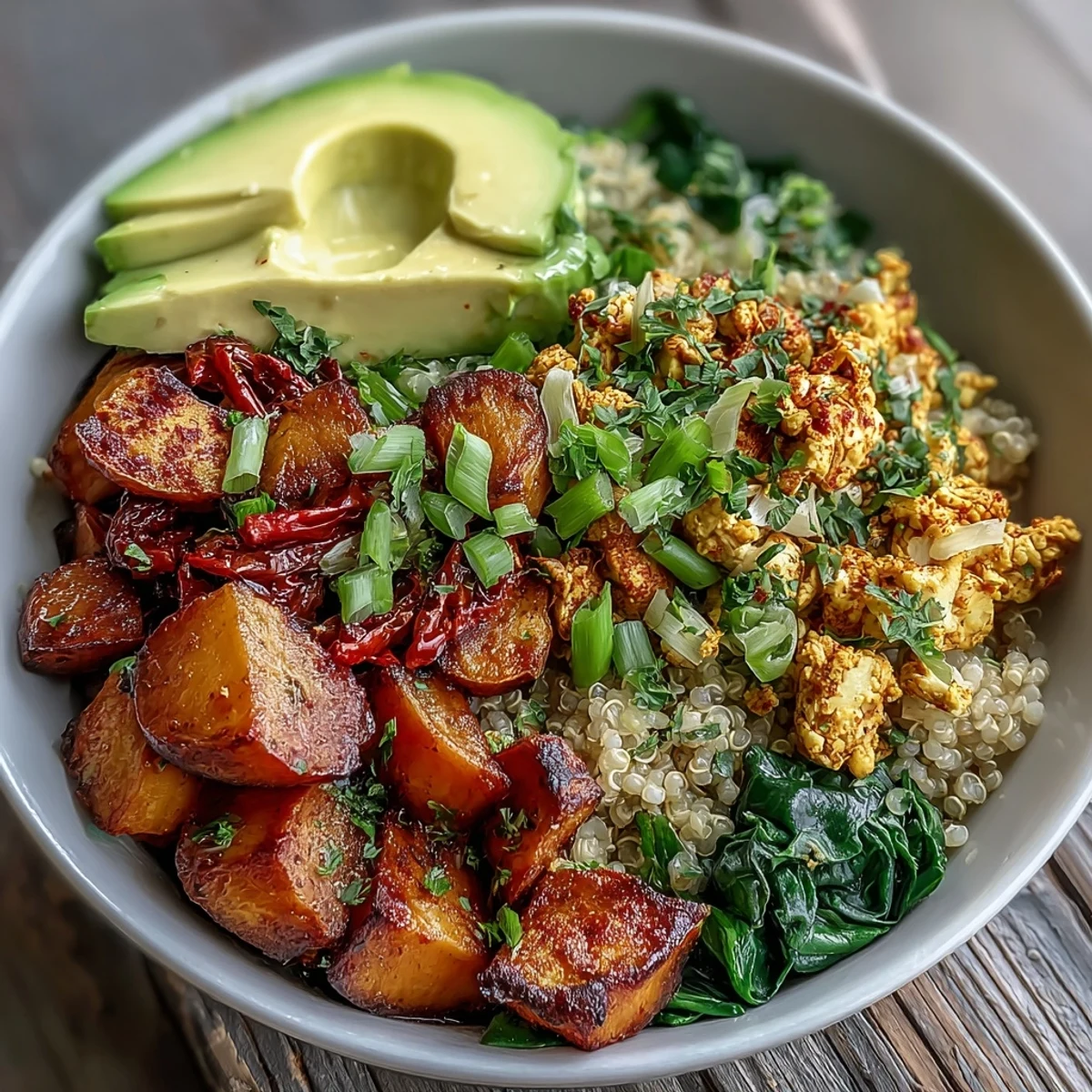 Colorful plant-based Tofu Scramble Vegan Breakfast Bowl with sautéed spinach, diced sweet potatoes, and ripe avocado.