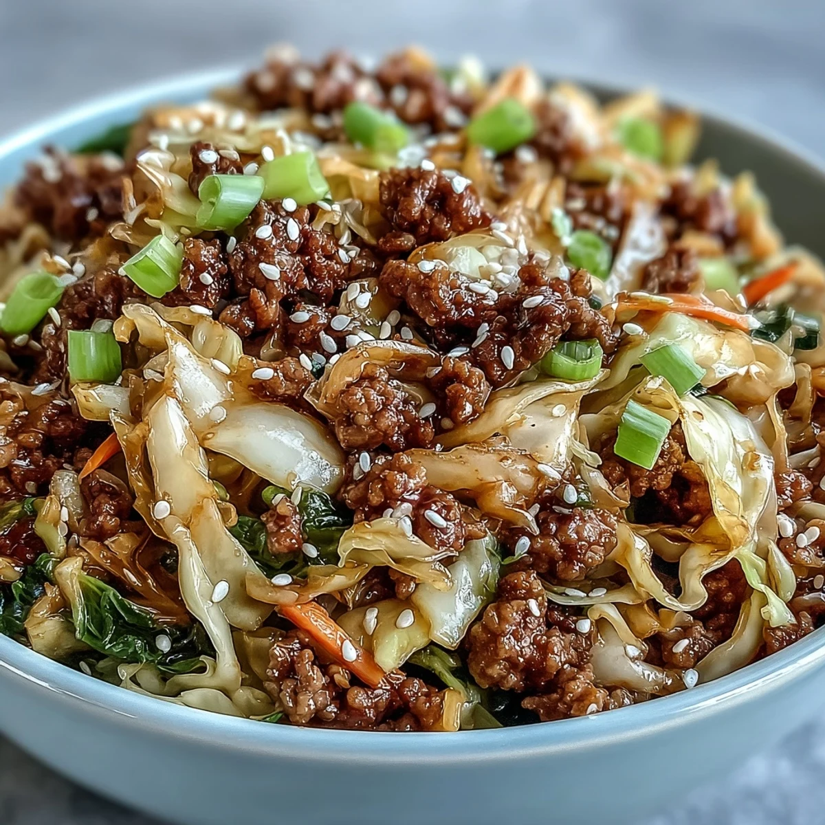 Quick and easy Egg Roll in a Bowl with ground pork and crunchy cabbage slaw topped with sesame seeds.