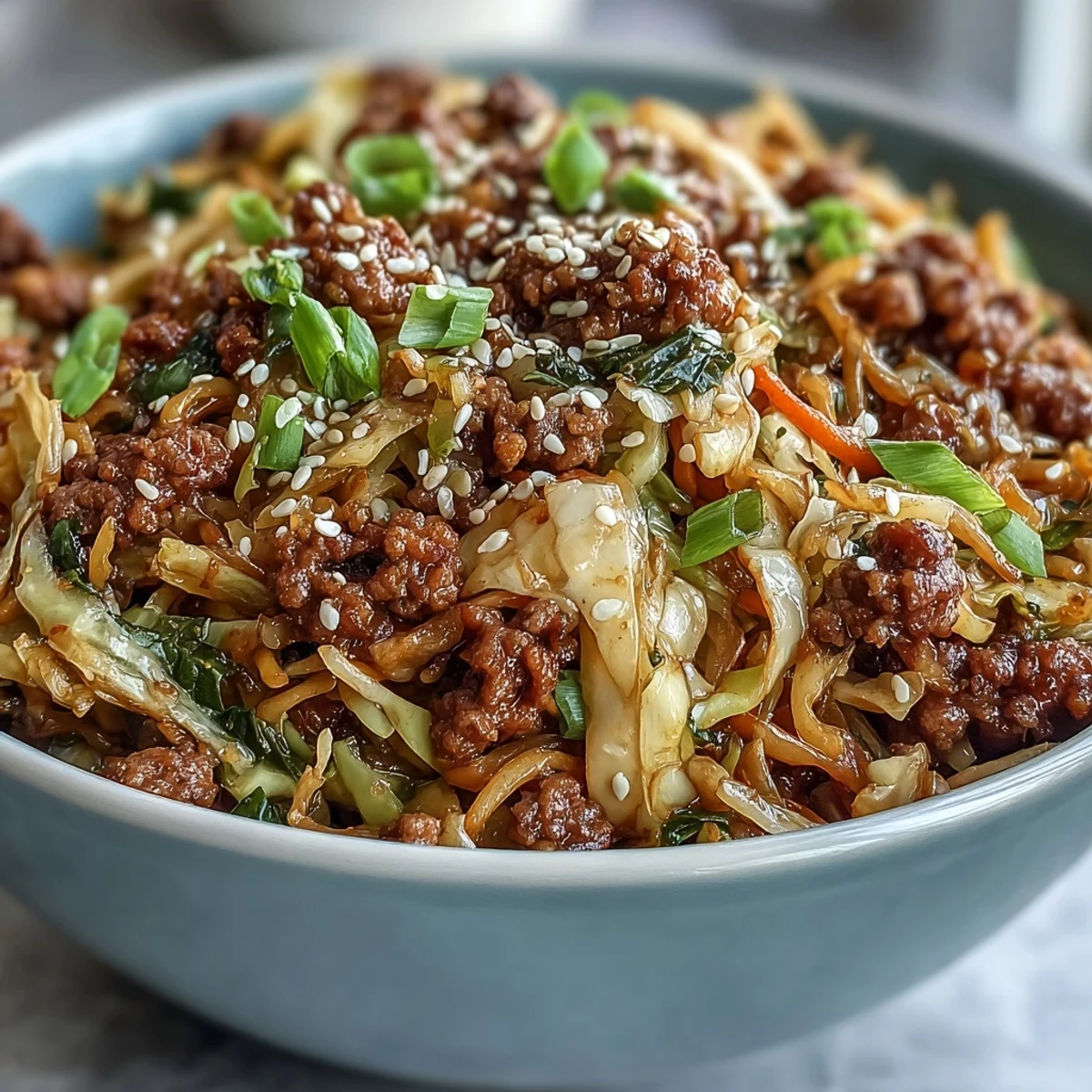 Homemade Egg Roll in a Bowl garnished with fresh green onions, sesame seeds, and a small side of chili sauce.