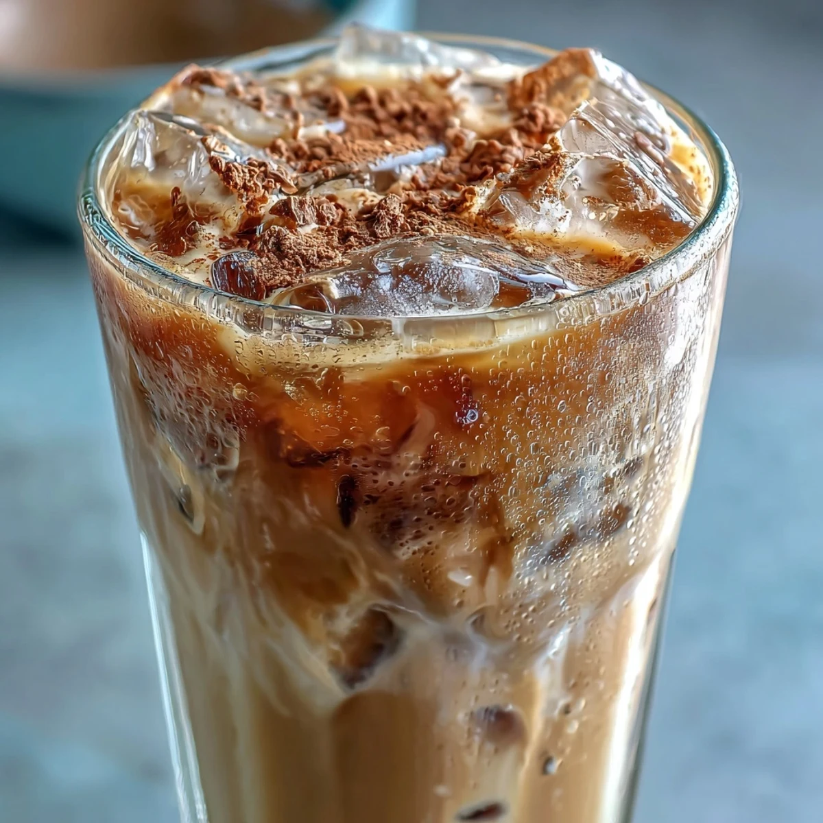 A chilled glass of Iced Hojicha with Cinnamon, featuring layered roasted tea, creamy milk, and a warm cinnamon garnish.