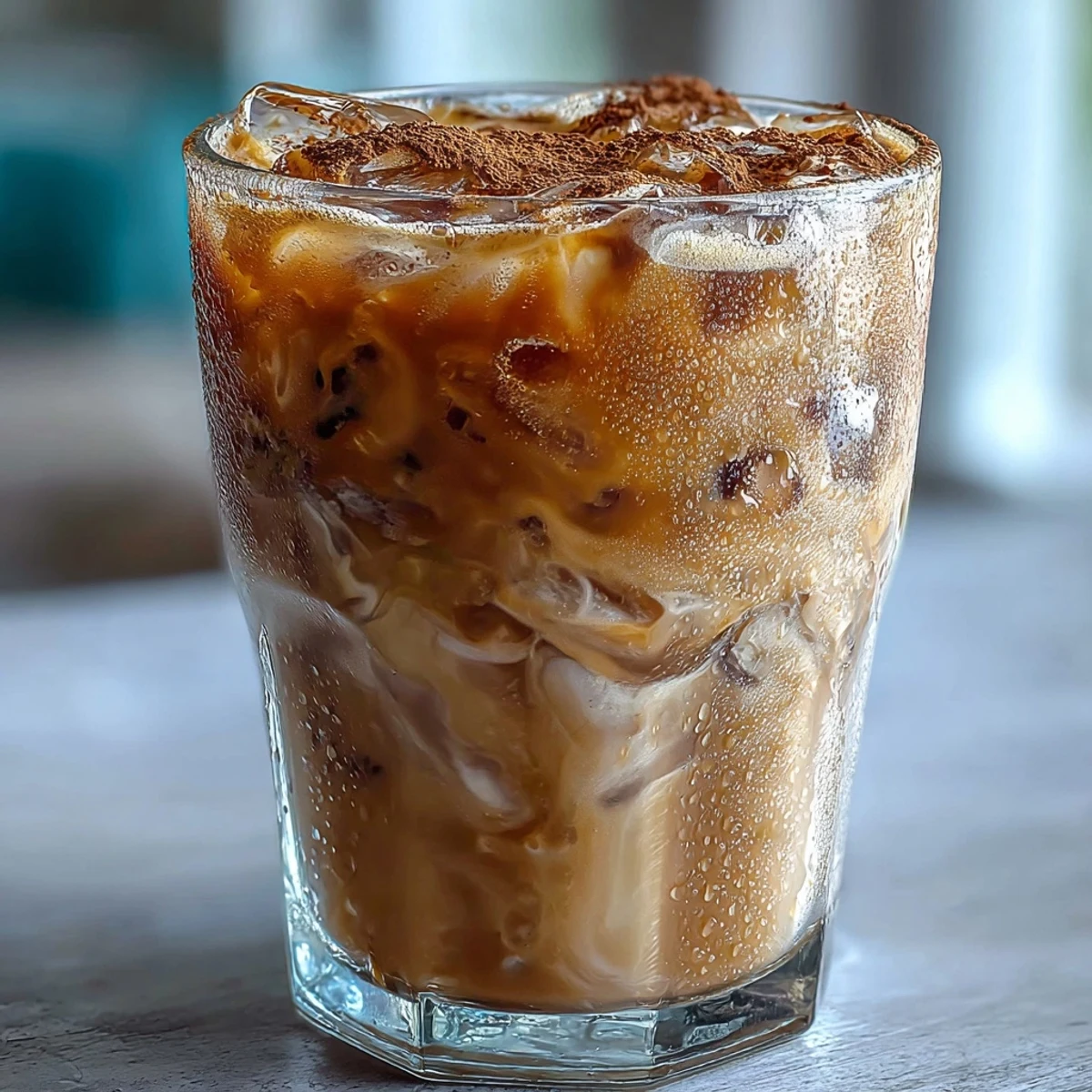 Two refreshing glasses of Iced Hojicha with Cinnamon served over ice, paired with a light dessert on the side.