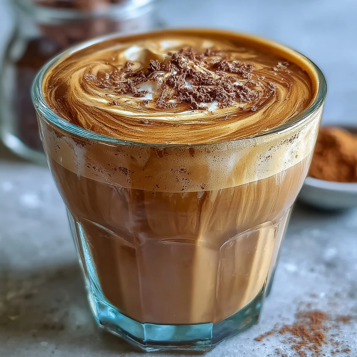 Steamed whole milk meets roasted hojicha tea in a cozy cortado served in a clear glass.