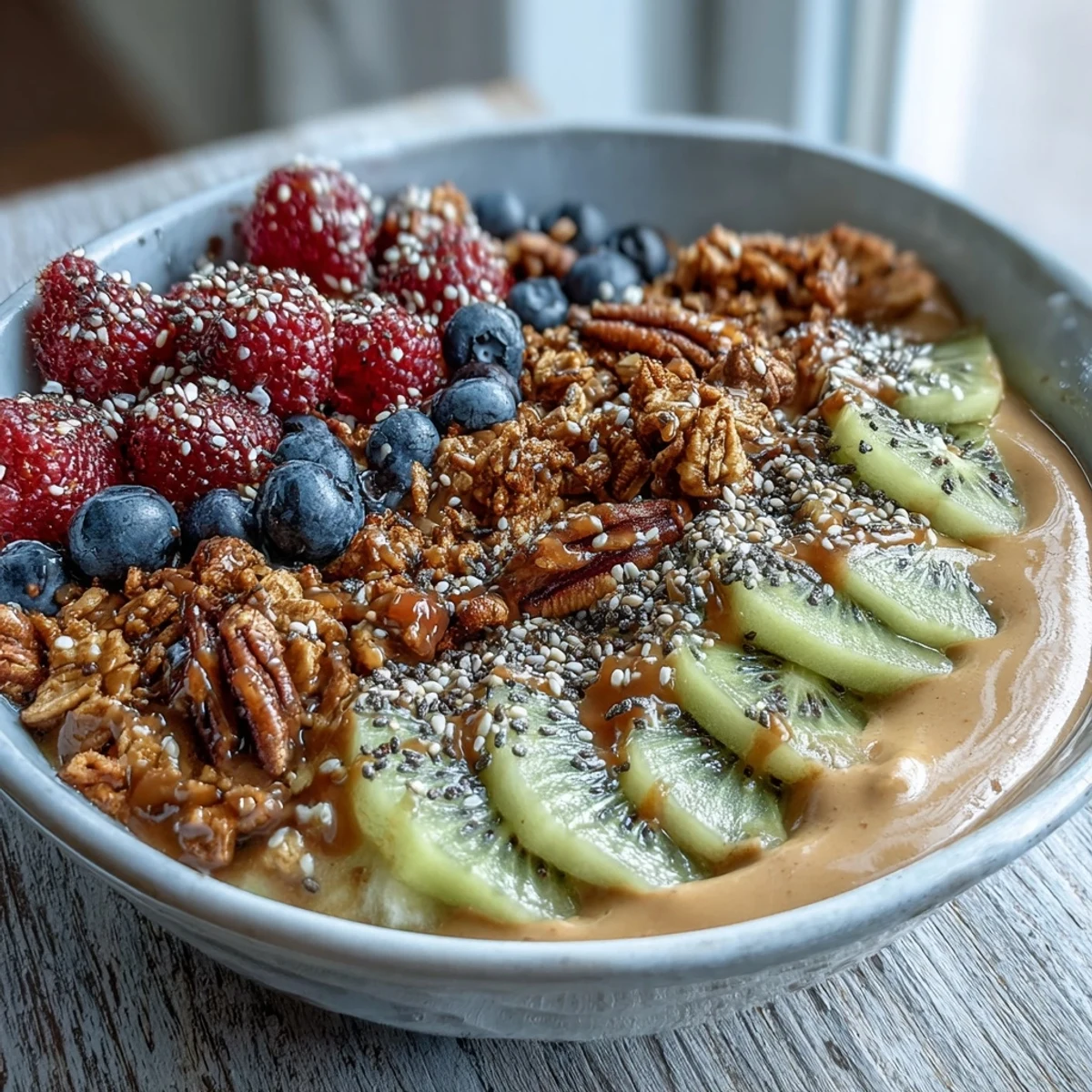 This thick Hojicha Smoothie Bowl features a roasted tea blend, almond milk base, and colorful fruit garnish, perfect for an easy morning meal.