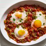 Simmering red Shakshuka, a vibrant Middle Eastern breakfast, served with fresh herbs and warm bread.